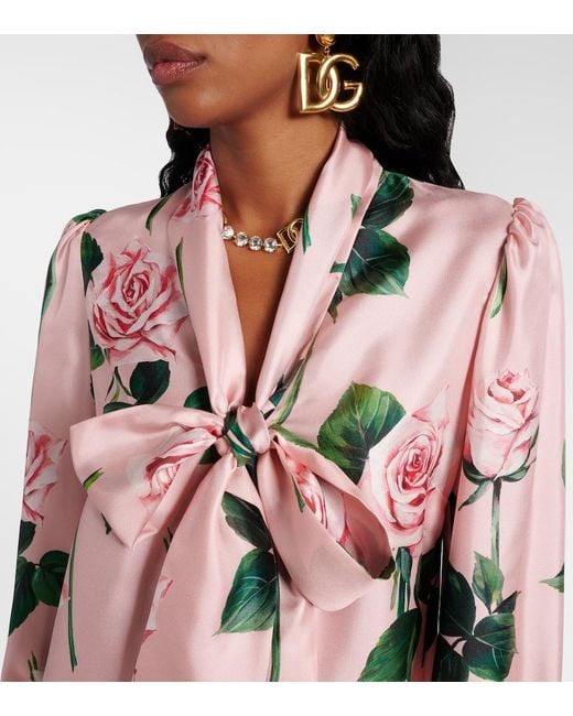 Dolce & Gabbana Pink Floral Tie-Neck Silk Satin Blouse