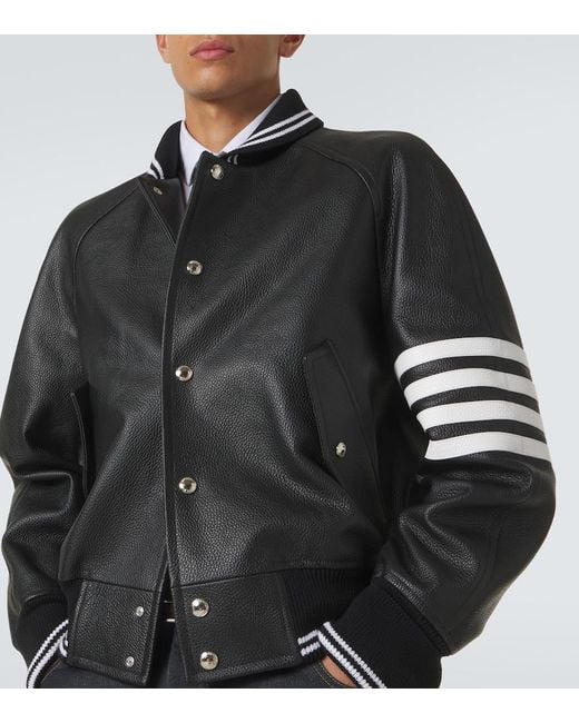 Thom Browne Black 4-Bar Leather Bomber Jacket for men