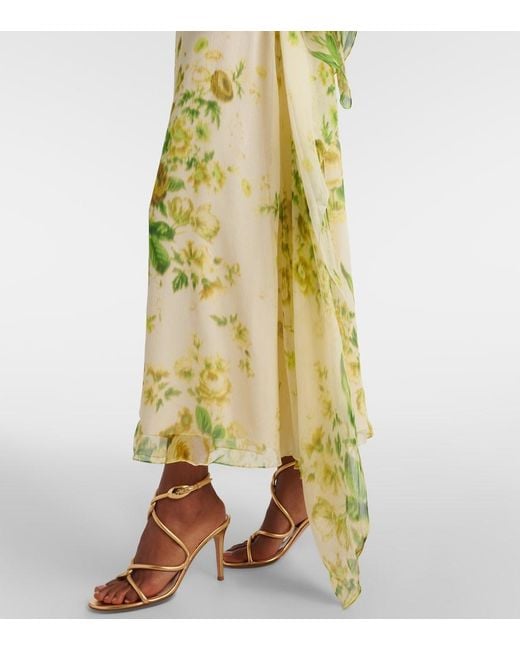 Erdem Yellow Draped Floral Silk Creponne Midi Dress