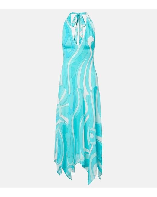 Emilio Pucci Blue Printed Silk Twill-Trimmed Crepe-Jersey Halterneck Midi Dress