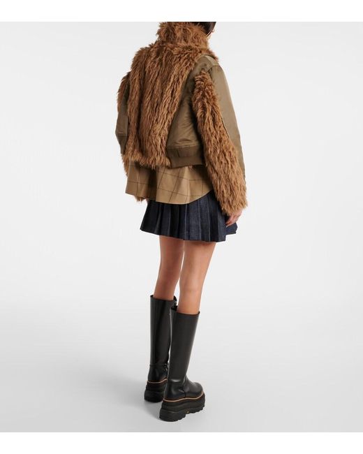 Sacai Brown Faux Fur And Technical Jacket