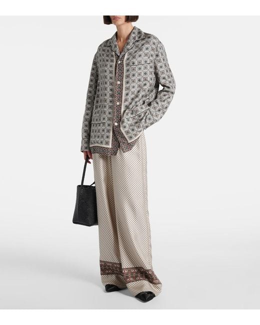 Loro Piana Gray Valerio Printed Silk Twill Wide-Leg Pants