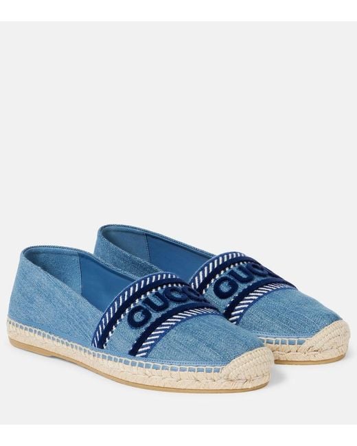 Gucci Blue Ines Embroidered Appliquéd Denim Espadrilles