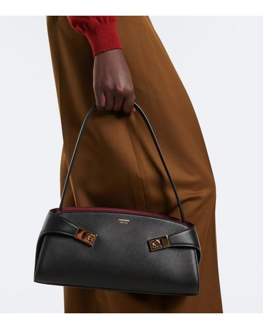 Ferragamo Black Hug East-West Small Leather Shoulder Bag