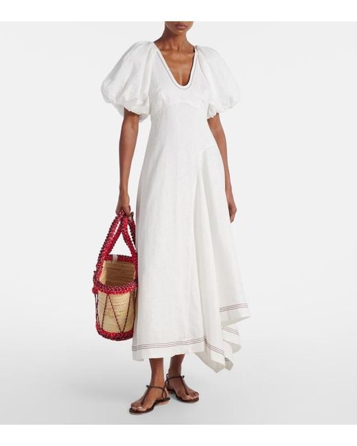 ALÉMAIS White Magnolia Embroidered Linen Midi Dress