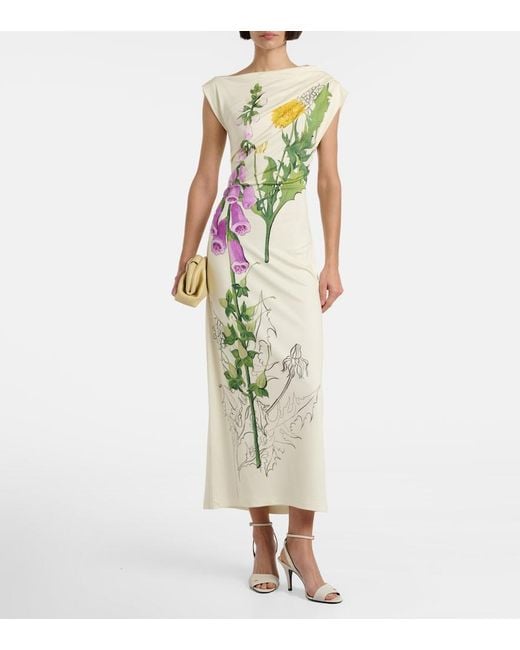 Oscar de la Renta Green Draped Printed Jersey Midi Dress