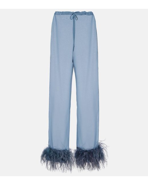 Oseree Blue Plumage Feather-trimmed Wide-leg Pants