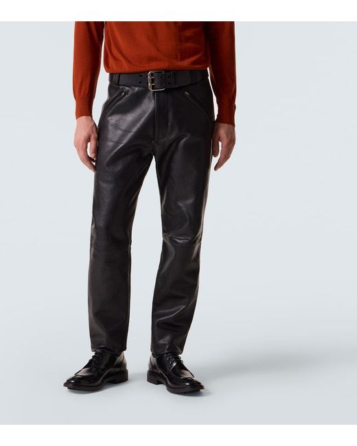 Saint Laurent Belted Leather Straight Pants in Black for Men | Lyst UK