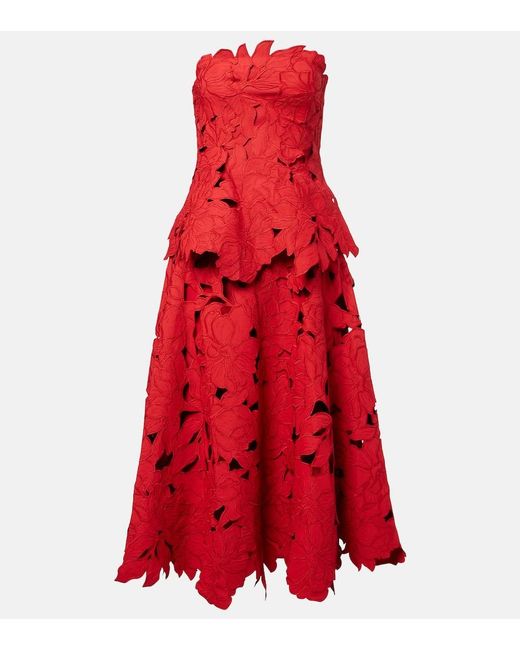 jonathan simkhai red lace dress Jonathan Simkhai Audrey Peplum Lace Midi Dress in Red