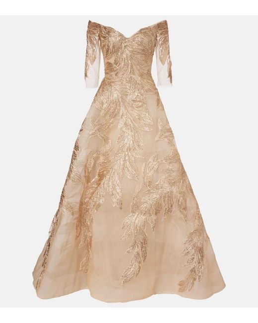 Monique Lhuillier Natural Embroidered Off-Shoulder Tulle Gown
