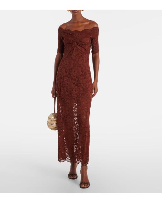 Rabanne Red Off-Shoulder Lace Maxi Dress