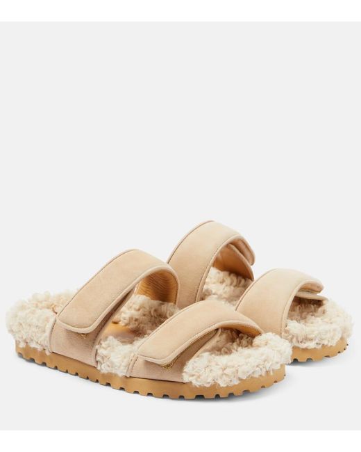 Gia Borghini Natural Alvine Suede And Shearling Slides