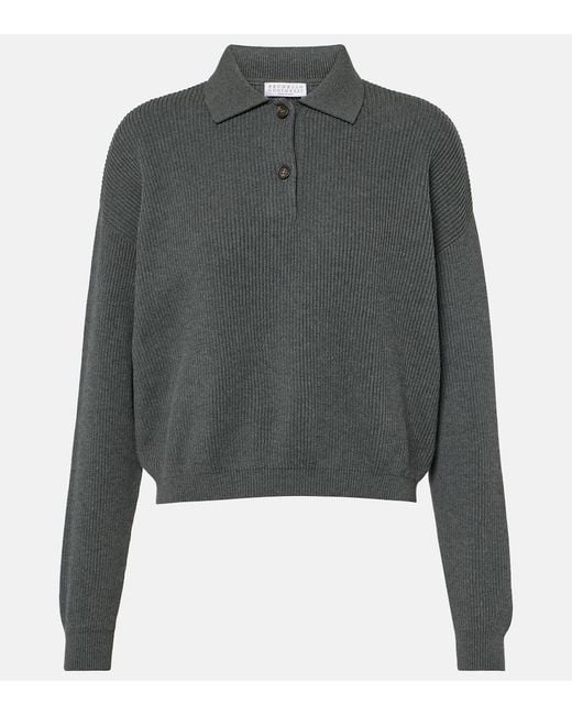 Brunello Cucinelli Gray Cotton Polo Sweater