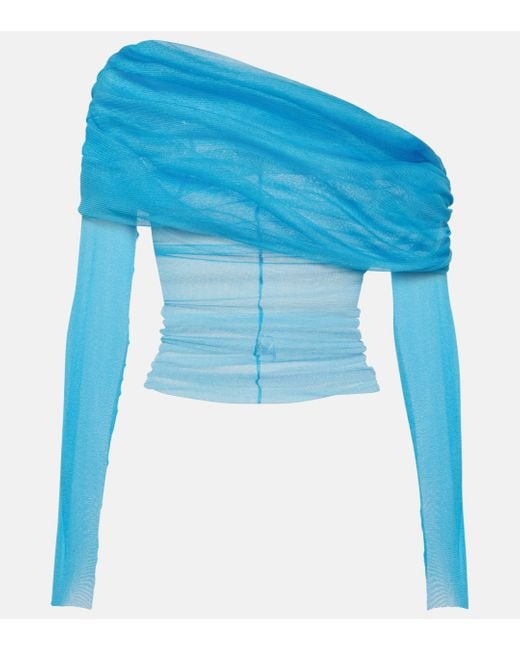 Christopher Esber Blue Ruched Off-Shoulder Silk Top