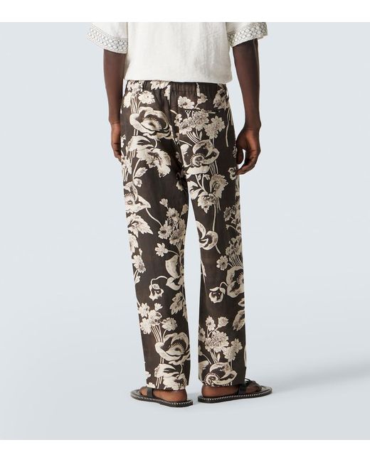 Commas Black Floral Linen Straight Pants for men