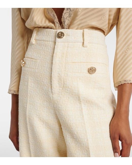 Gucci Natural Checked Cotton-Blend Tweed Wide-Leg Pants