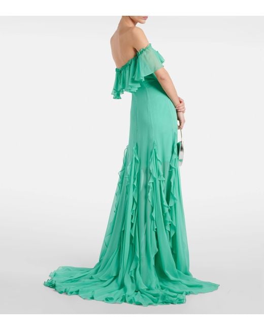 Costarellos Green Off-shoulder Corset Silk Gown