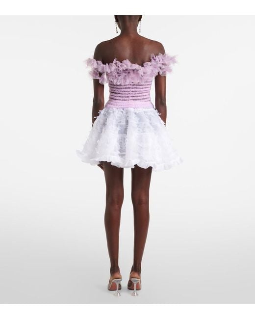 SUSAN FANG Pink Shirred Off-Shoulder Tulle Top