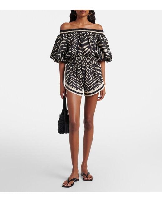 Johanna Ortiz Black Printed Off-Shoulder Cotton Romper