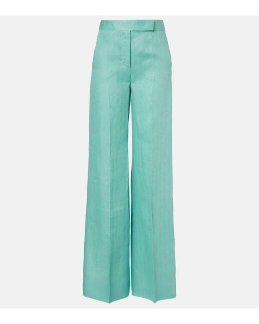 Max Mara Green Deserto Herringbone Linen Wide-Leg Pants