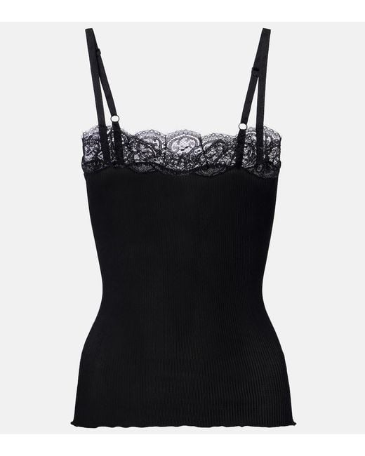 Saint Laurent Black Lace-Trimmed Silk Jersey Tank Top