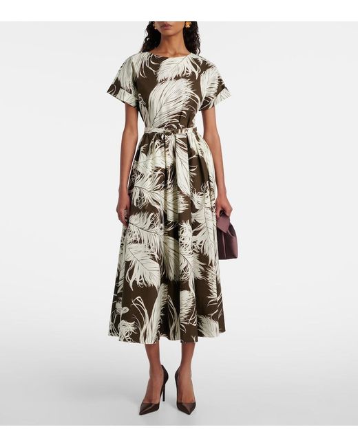 Oscar de la Renta Natural Printed Cotton-Blend Poplin Midi Dress