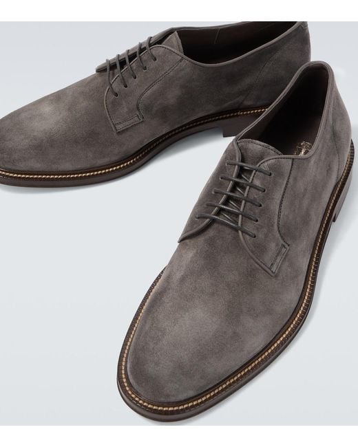 Brunello Cucinelli Brown Suede Derby Shoes for men