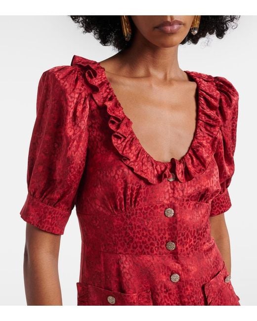 Alessandra Rich Red Leopard-Print Silk Jacquard Midi Dress