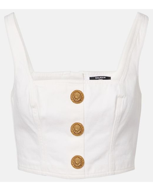 Balmain White Denim Crop Top