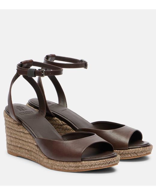 Brunello Cucinelli Brown Bead-Embellished Leather Wedge Espadrilles