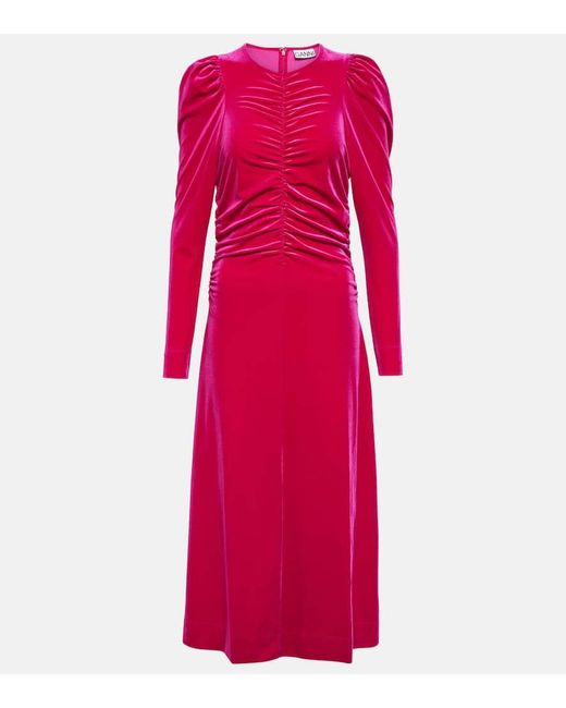 Ganni Pink Gathered Velvet Maxi Dress
