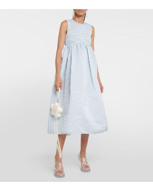 CECILIE BAHNSEN Blue Textured Linen-blend Cloque Midi Dress