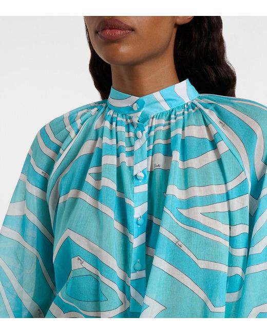 Emilio Pucci Blue Marmo Ruffled Cotton Blouse