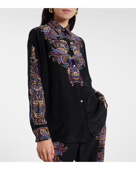 Etro Black Silk Shirt With Placed Paisley Foliage Print