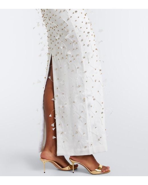La Fuori White Seraphina Embellished Feather-Trimmed Gown