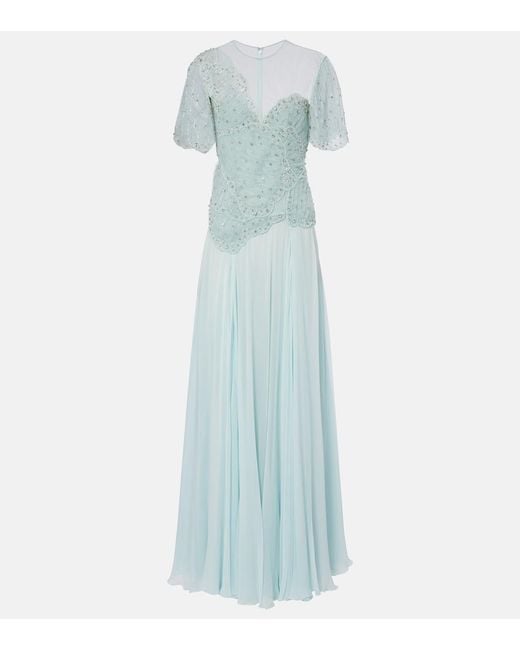 Costarellos Blue Embellished Silk-Blend Georgette Gown