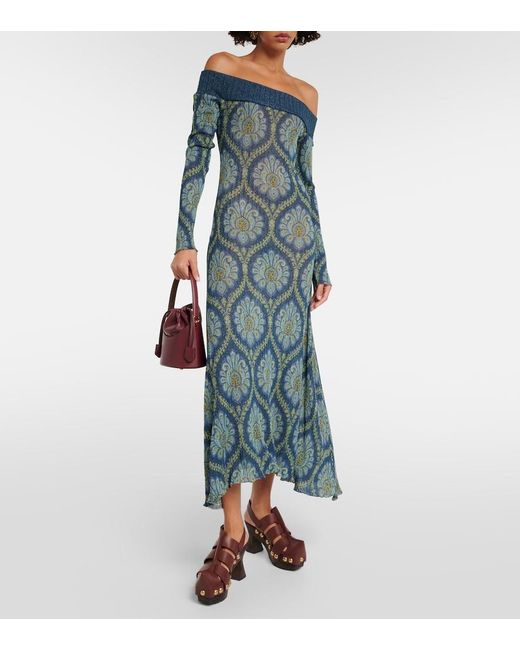 Etro Green Printed Off-Shoulder Midi Dress
