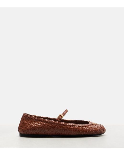 Prada Brown Woven Leather Mary Jane Flats
