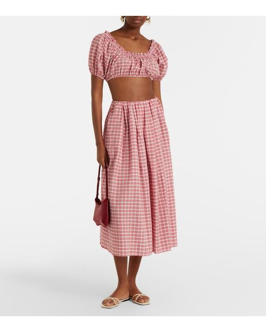 Faithfull The Brand Pink Agora Checked Cotton Midi Skirt
