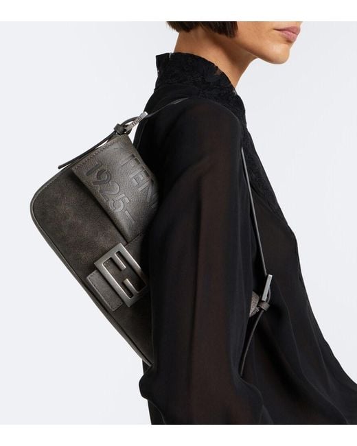 Fendi Black Baguette Biker Small Leather Shoulder Bag
