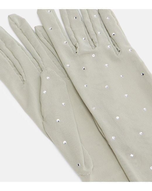 Oseree White Crystal-Embellished Mesh Gloves