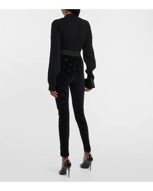 Leggings a vita alta in velluto con logo di Dolce & Gabbana in Black