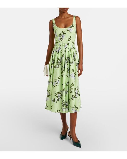 Emilia Wickstead Green Eglantine Floral Belted Cotton Midi Dress