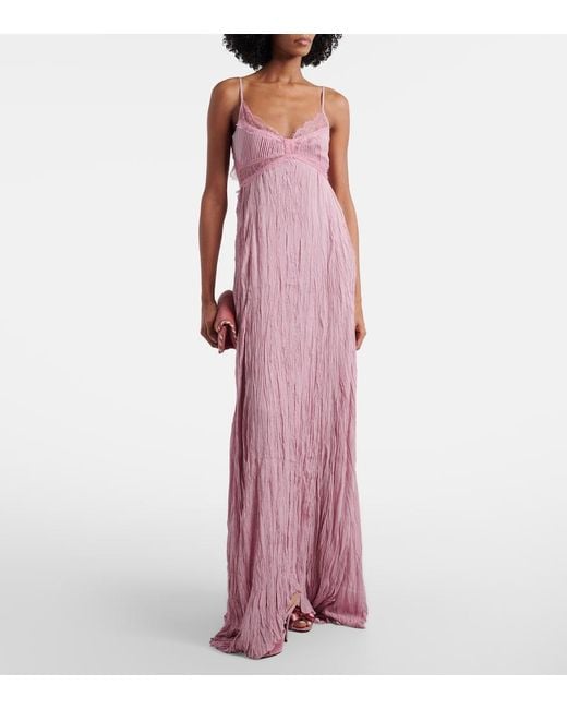 Blumarine Pink Lace-Trimmed Plisse Georgette Gown