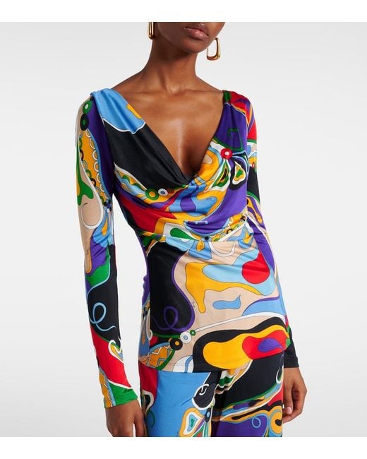 Emilio Pucci Blue Printed Jersey Long-Sleeve Blouse
