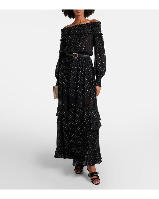 Self-Portrait Black Shirred Metallic-Effect Off-Shoulder Top