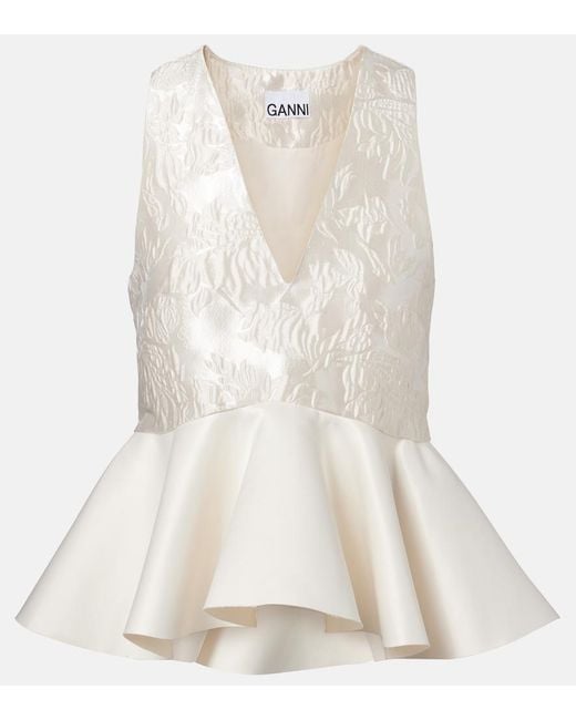 Ganni White Peplum Satin Cloque Top