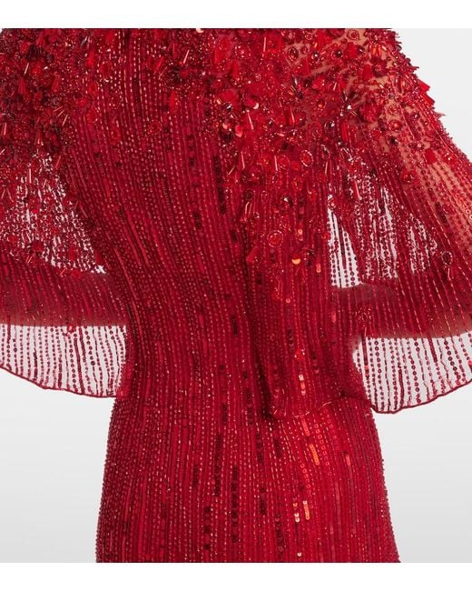 Jenny Packham Red Violetta Embellished Caped Gown