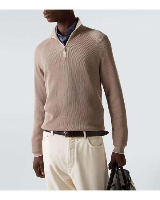 Brunello Cucinelli Brown Cotton Half-Zip Sweater for men
