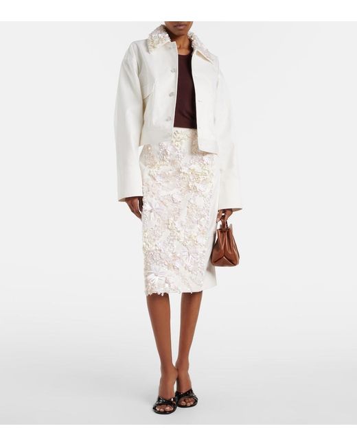Plan C White Embellished Cotton Drill Midi Skirt